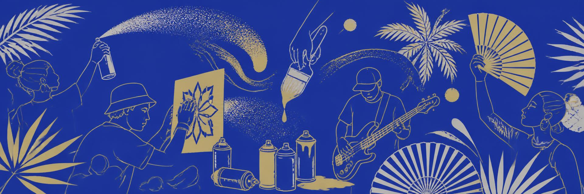 Ilustración de artistas urbanos con sprays, plantillas y elementos de Feria